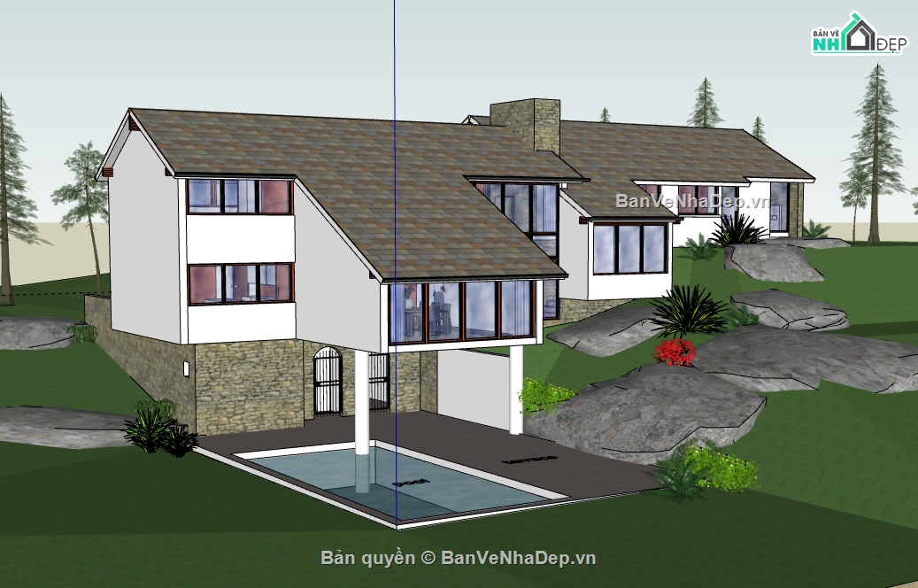 biệt thự 2 tầng file sketchup,dựng 3d su biệt thự 2 tầng,nhà biệt thự dựng model su