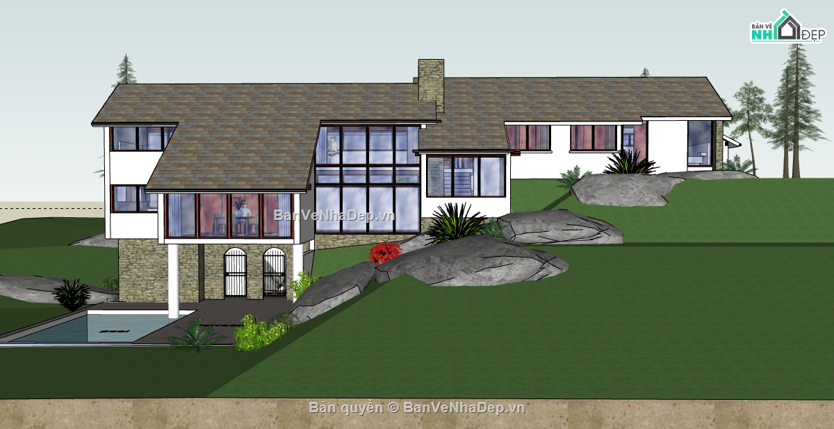biệt thự 2 tầng file sketchup,dựng 3d su biệt thự 2 tầng,nhà biệt thự dựng model su