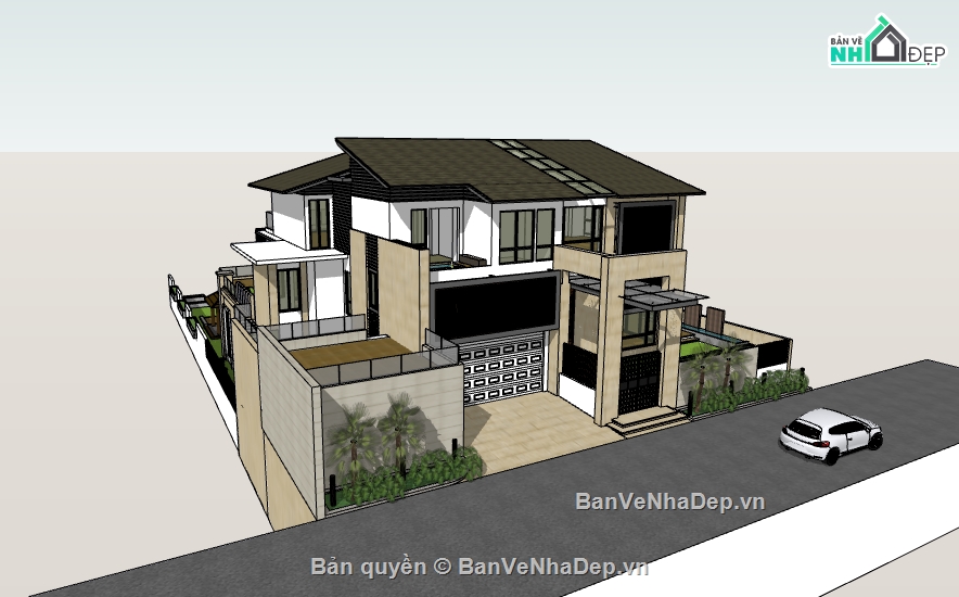 dựng bao cảnh biệt thự 3 tầng file su,biệt thự 3 tầng dựng model su,dựng 3d su nhà biệt thự hiện đại