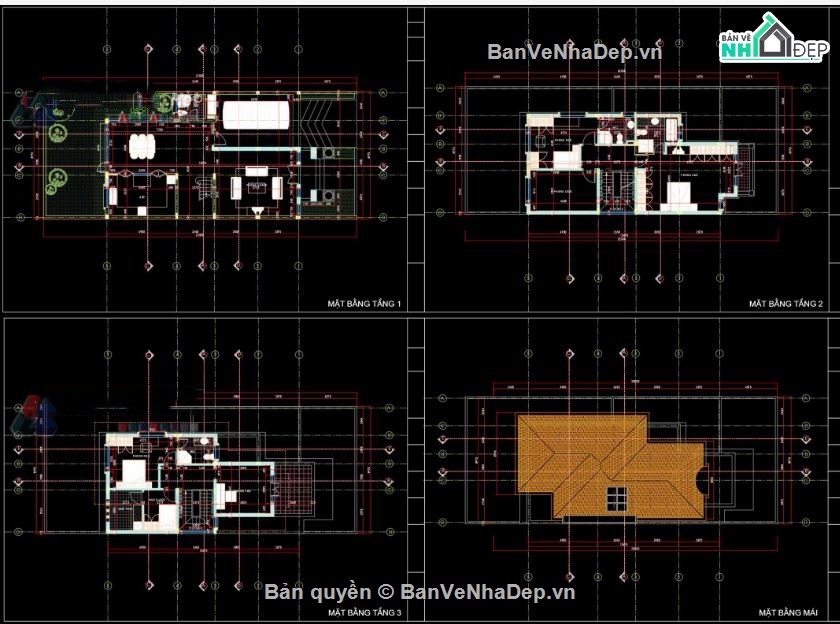 Biệt thự,file cad biệt thự 3 tầng,mẫu biệt thự 3 tầng