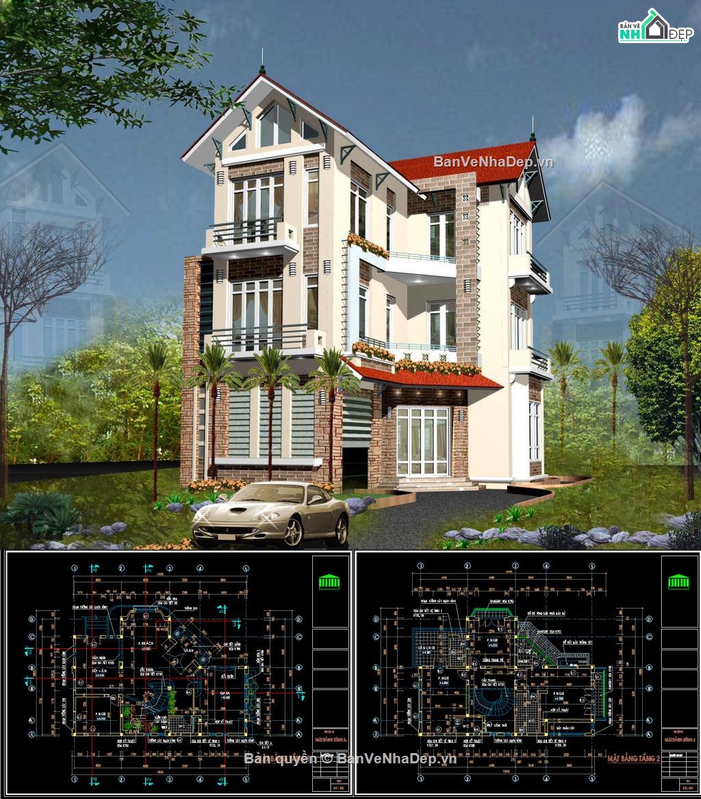 Biệt thự,kiến trúc biệt thự 3 tầng,file biệt thự 3 tầng