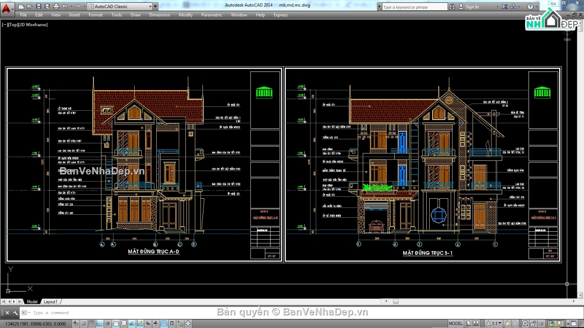 Biệt thự,kiến trúc biệt thự 3 tầng,file biệt thự 3 tầng