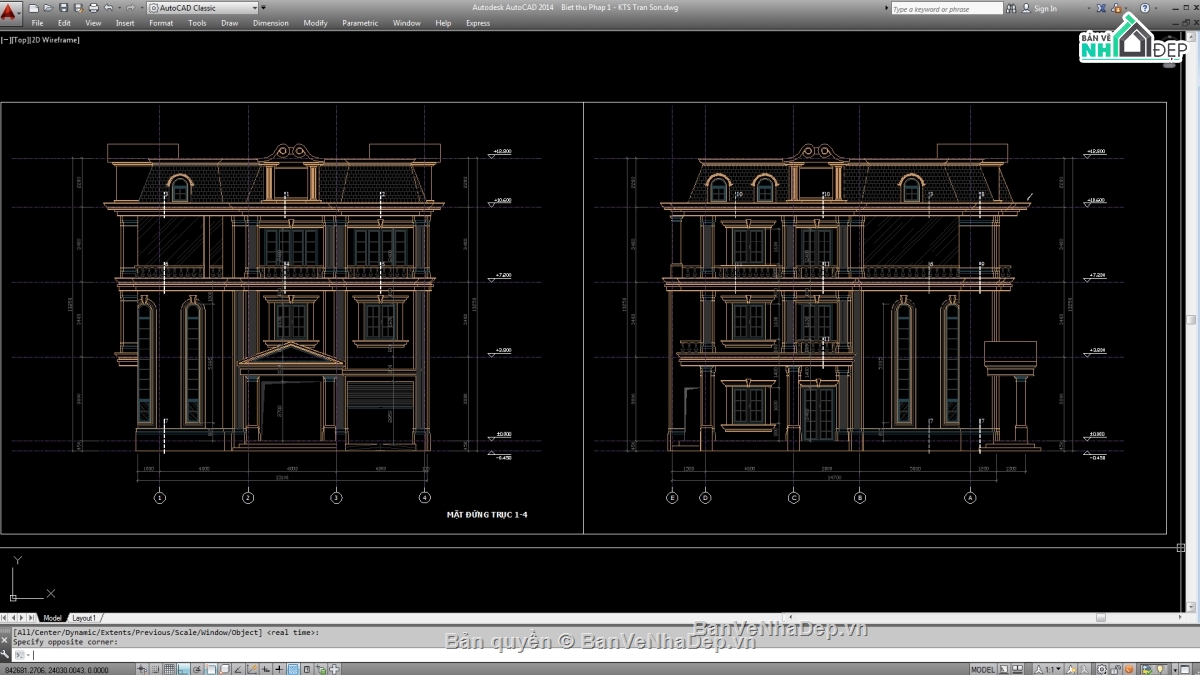 Biệt thự,Biệt thự 3 tầng,file cad biệt thự 3 tầng