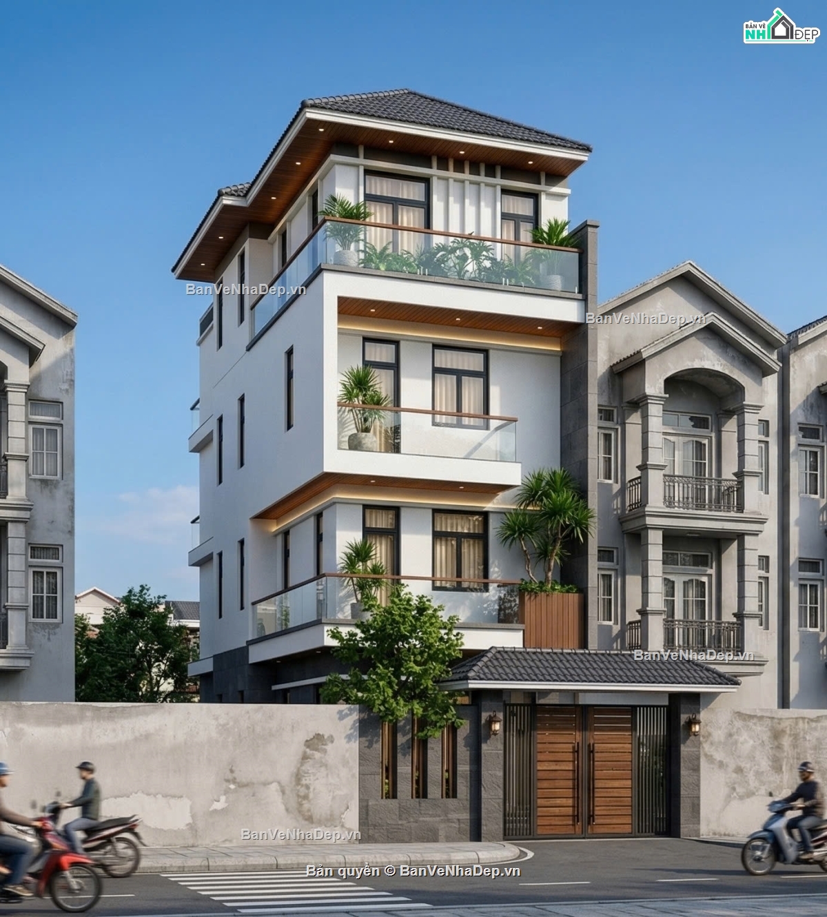 biệt thự 5.5x15m,Nhà phố 4 tầng hiện đại,Biệt thự 4 tầng mái nhật