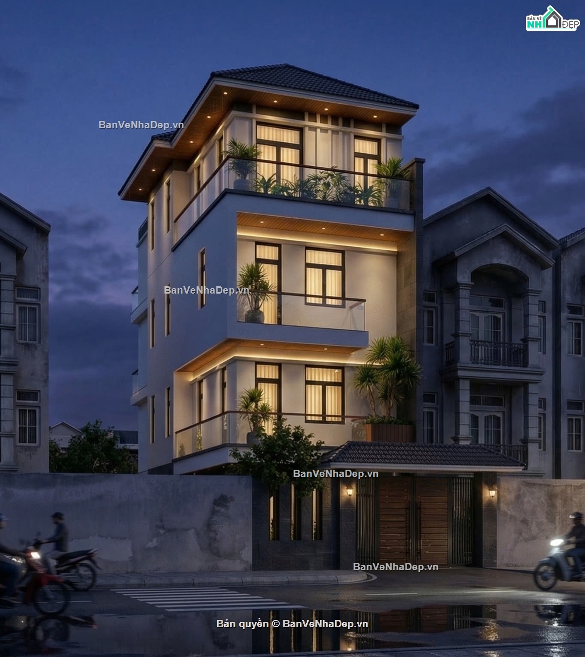 biệt thự 5.5x15m,Nhà phố 4 tầng hiện đại,Biệt thự 4 tầng mái nhật