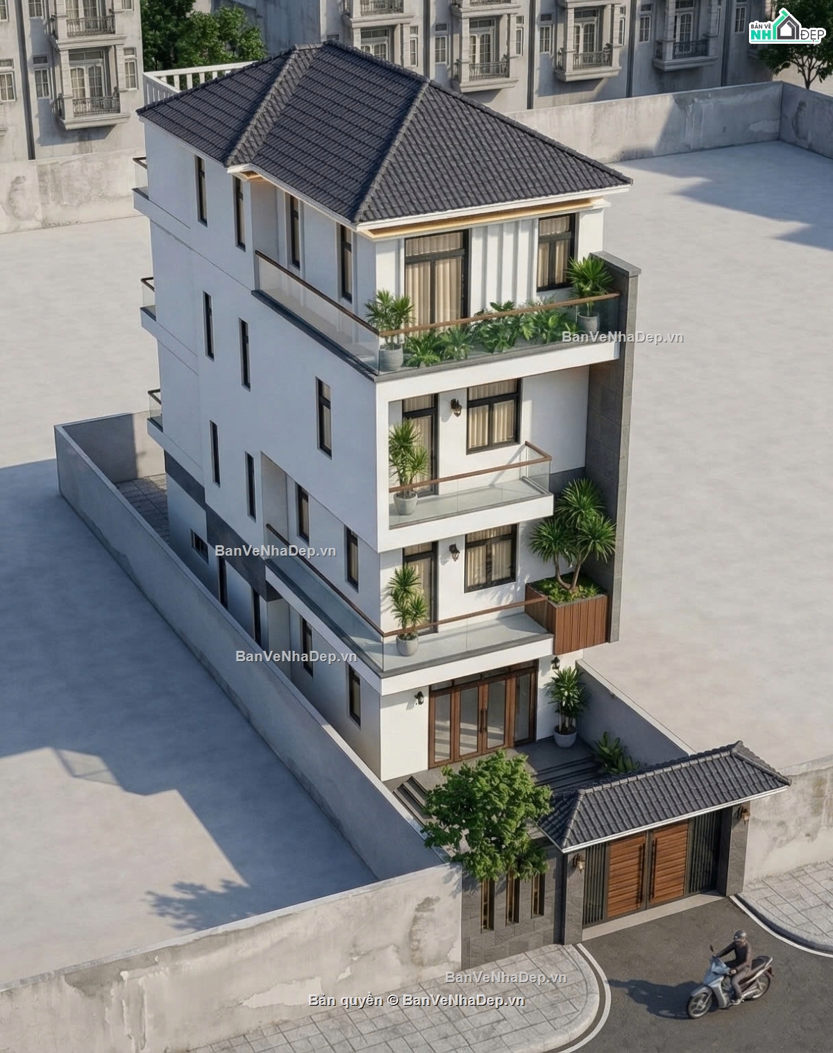 biệt thự 5.5x15m,Nhà phố 4 tầng hiện đại,Biệt thự 4 tầng mái nhật