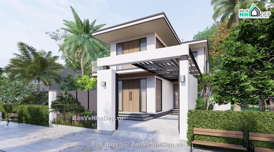 kiến trúc nhà phố,Biệt thự 2 tầng hiện đại,hồ sơ bản vẽ nhà phố