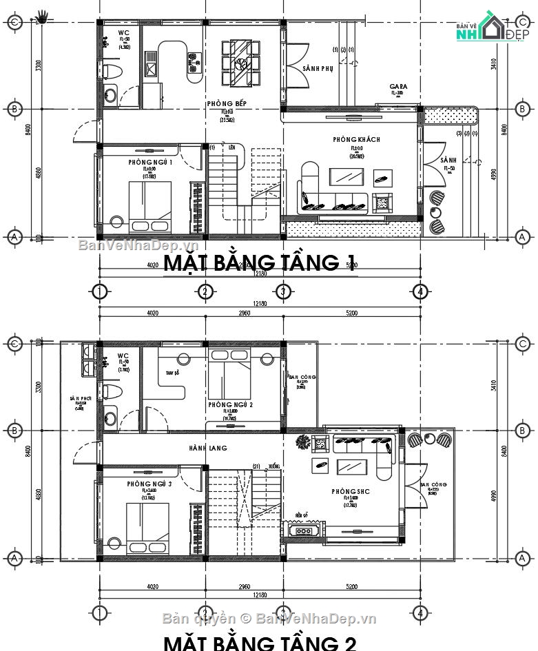 kiến trúc nhà phố,Biệt thự 2 tầng hiện đại,hồ sơ bản vẽ nhà phố