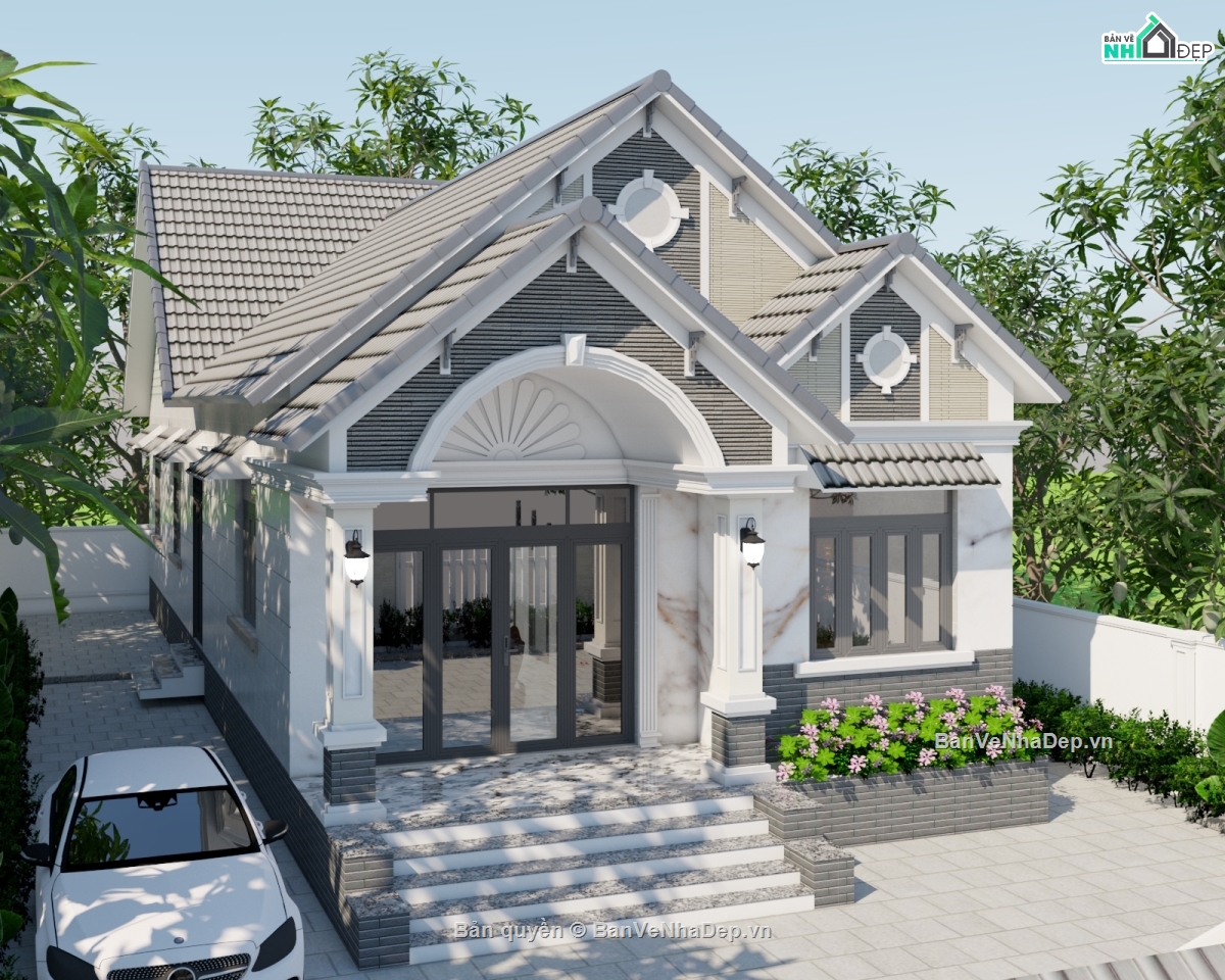 Biệt thự mái thái đẹp,Bản vẽ biệt thự mái thái đẹp,bản vẽ biệt thự 1 tầng,biệt thự 1 tầng file cad