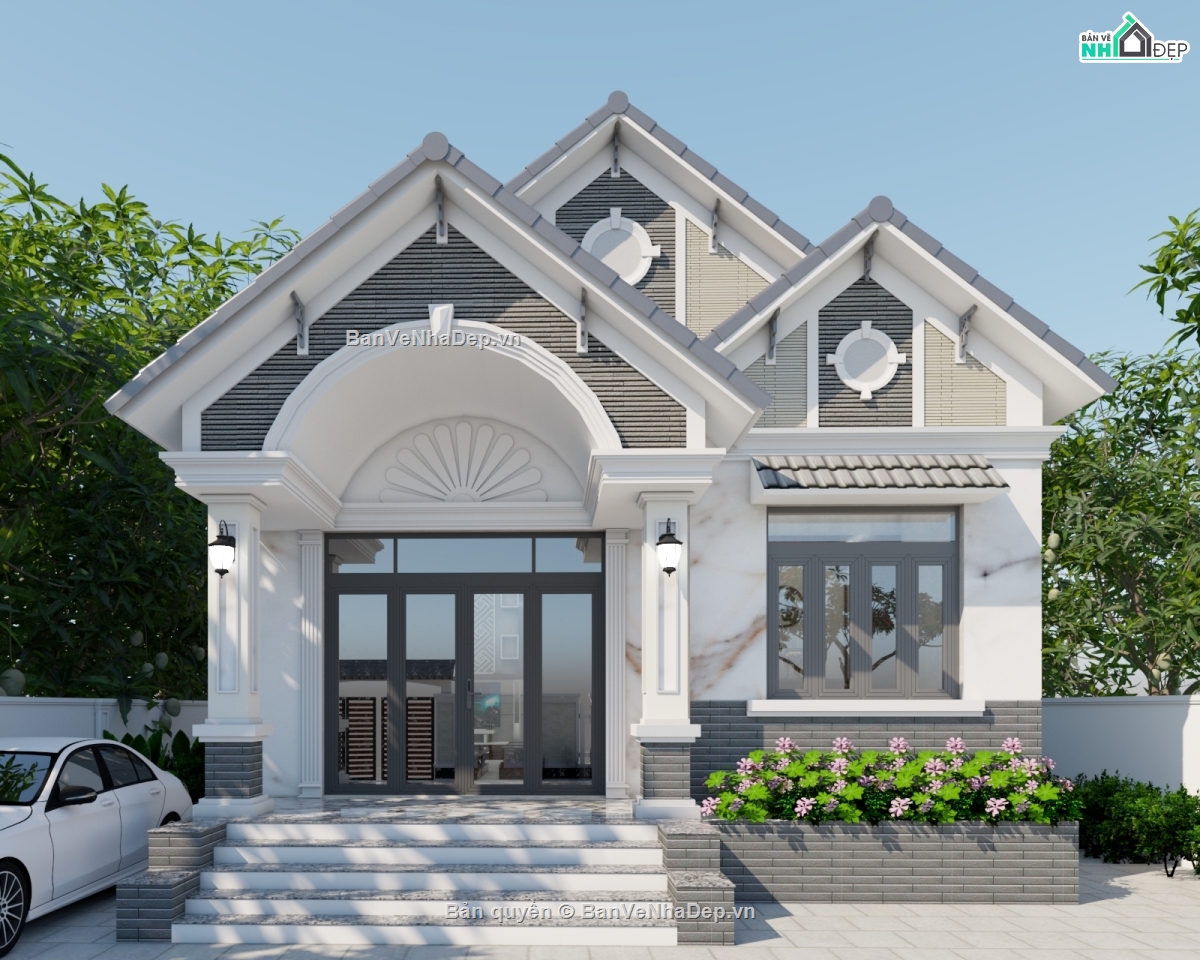 Biệt thự mái thái đẹp,Bản vẽ biệt thự mái thái đẹp,bản vẽ biệt thự 1 tầng,biệt thự 1 tầng file cad