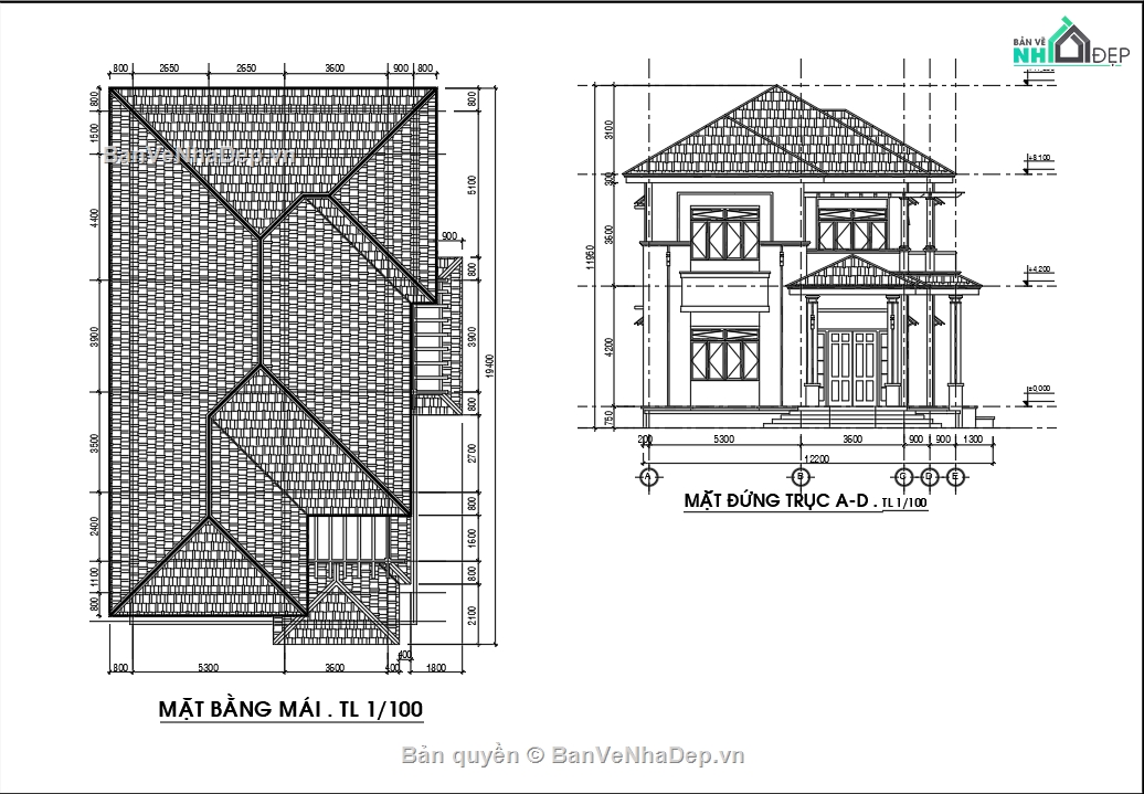 Biệt thự mái thái đẹp,Biệt thự 2 tầng,Bản vẽ nhà mái thái