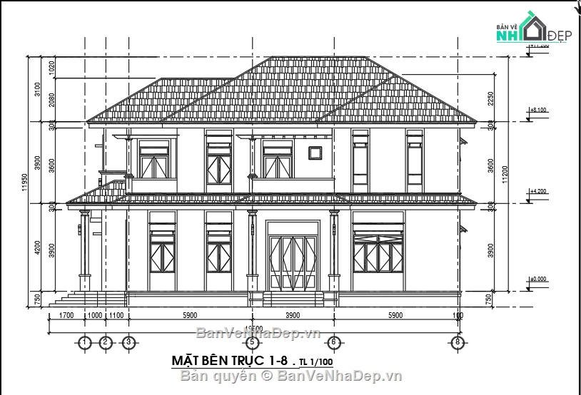 Biệt thự mái thái đẹp,Biệt thự 2 tầng,Bản vẽ nhà mái thái