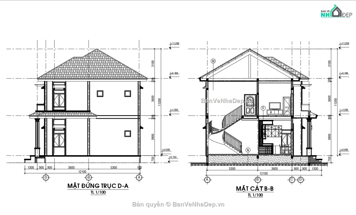 Biệt thự mái thái đẹp,Biệt thự 2 tầng,Bản vẽ nhà mái thái