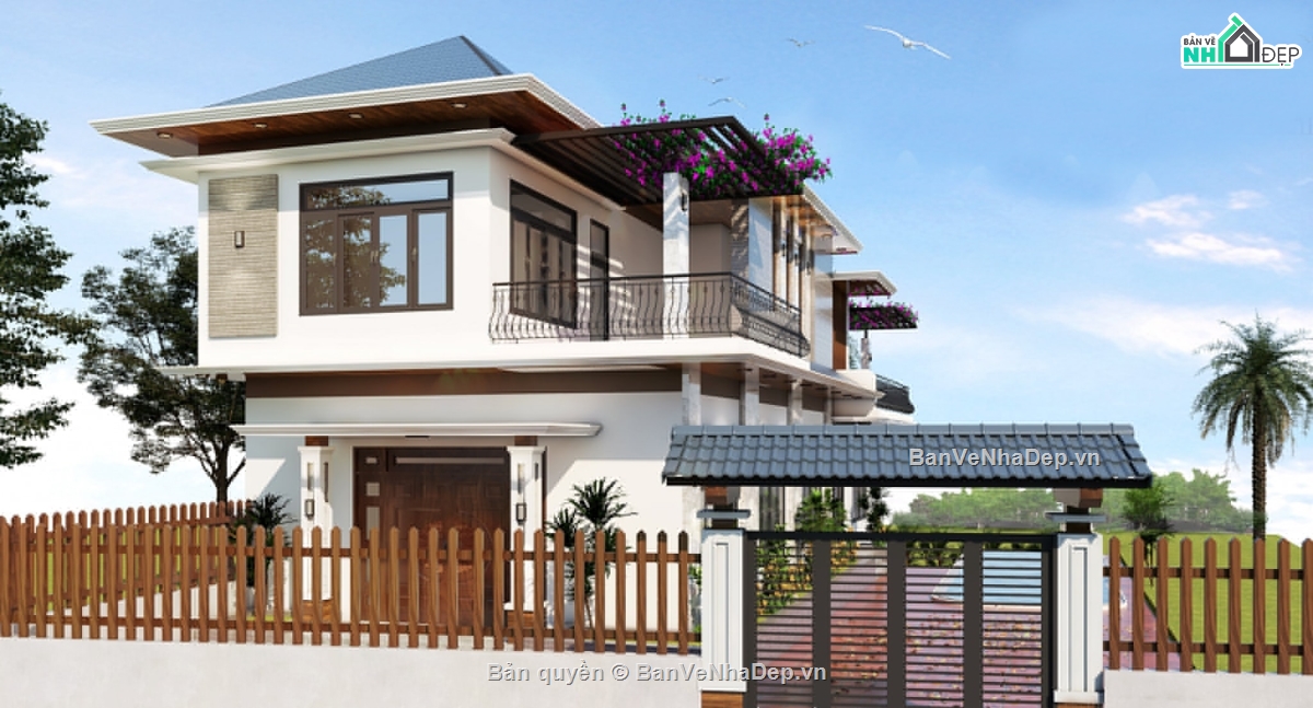 biệt thự hiện đại,biệt thự 2 tầng,biệt thự mái thái,file cad biệt thự 2 tầng,bản vẽ biệt thự 2 tầng