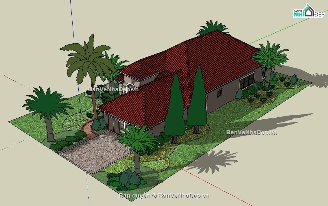 biệt thự vườn 1 tầng file su,dựng sketchup nhà biệt thự 1 tầng,thiết kế mẫu nhà biệt thự 1 tầng file su