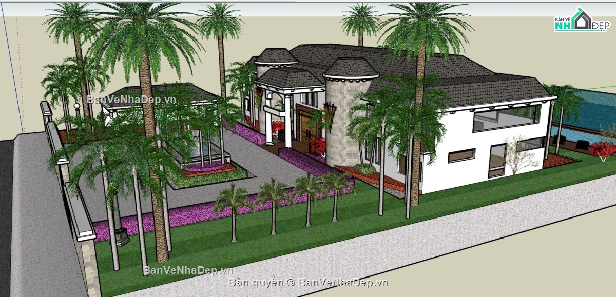 Mẫu biệt thự 2 tầng file su,mẫu biệt thự có hồ bơi,sketchup biệt thự có hồ bơi,file su biệt thự 2 tầng