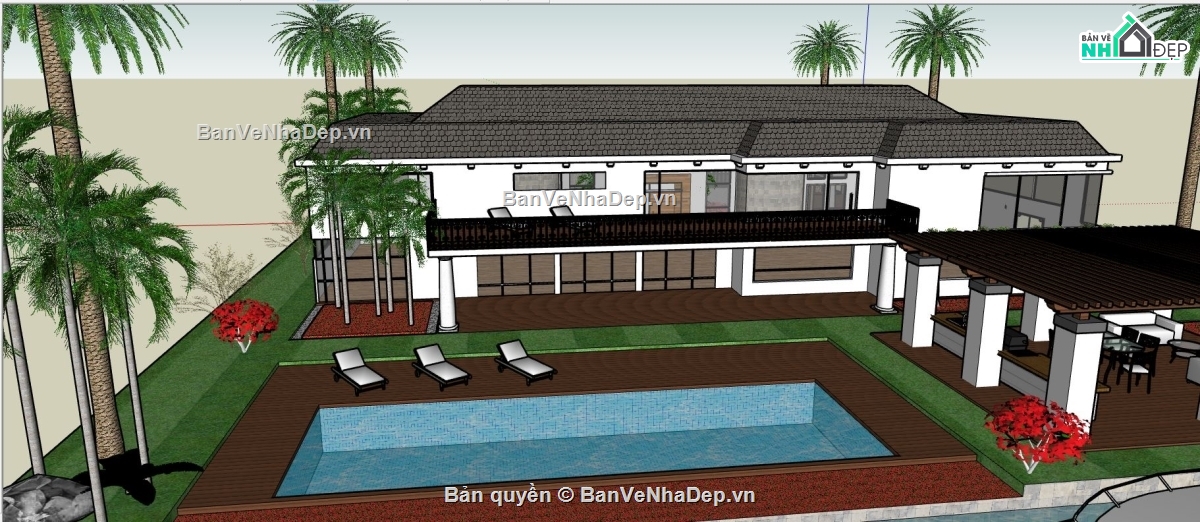 Mẫu biệt thự 2 tầng file su,mẫu biệt thự có hồ bơi,sketchup biệt thự có hồ bơi,file su biệt thự 2 tầng