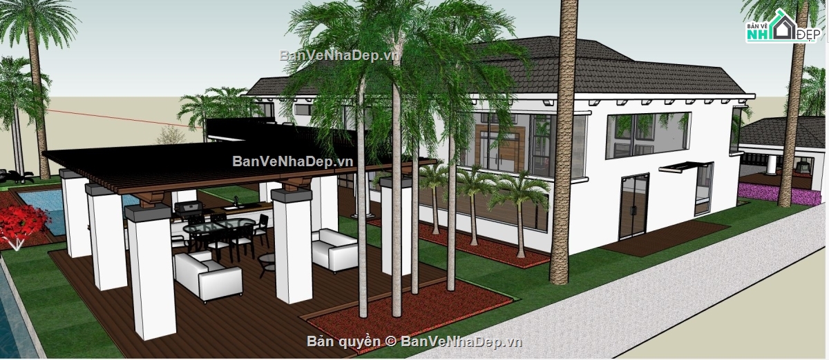 Mẫu biệt thự 2 tầng file su,mẫu biệt thự có hồ bơi,sketchup biệt thự có hồ bơi,file su biệt thự 2 tầng