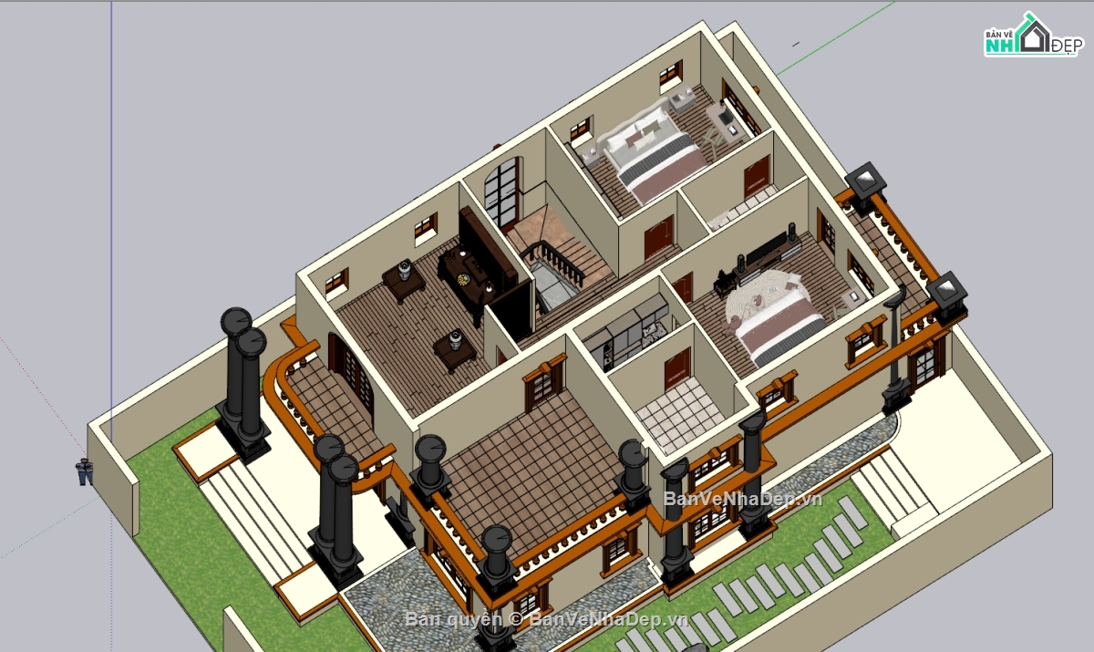 Biệt thự tân cổ điển,Biệt thự 2 tầng tân cổ điển,Model Biệt thự tân cổ điển