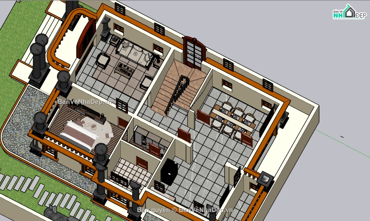 Biệt thự tân cổ điển,Biệt thự 2 tầng tân cổ điển,Model Biệt thự tân cổ điển