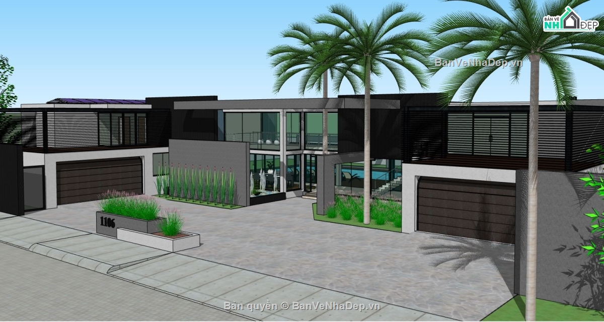 sketchup Biệt thự  1 tầng,biệt thự model su 1 tầng,biệt thự villa