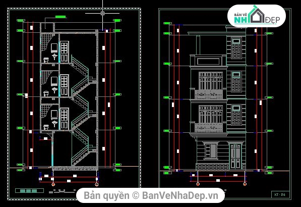 Bản vẽ thiết kế nhà 4 tầng,Bản vẽ nhà 4 tầng 5.4x5.7m,mẫu nhà 4 tầng,file cad nhà 4 tầng