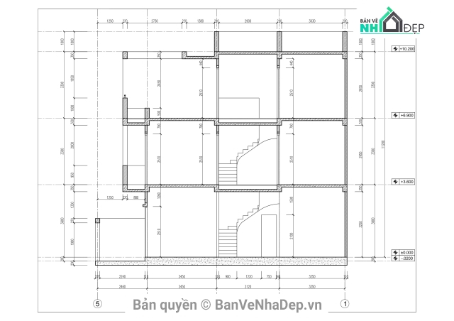 Bộ bản vẽ thiết kế nhà phố 3 tầng kích thước 5x12.5m gồm: KT+KC+ ...