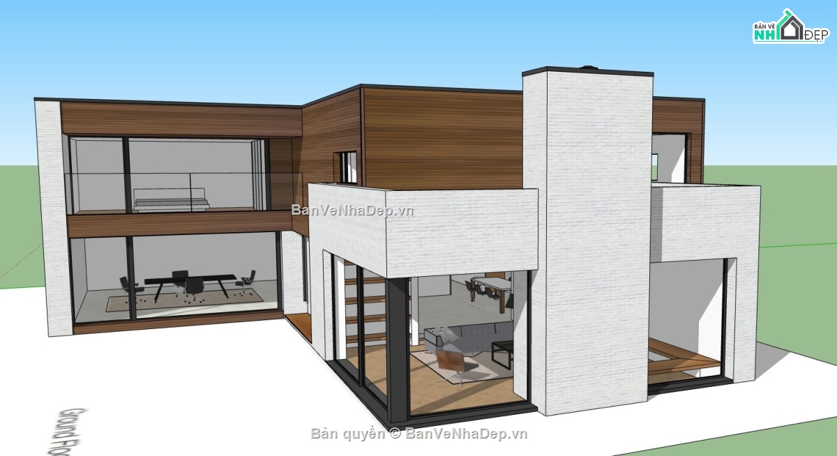 biệt thự 2 tầng sketchup,file sketchup biệt thự 2 tầng,phối cảnh biệt thự 2 tầng,biệt thự 2 tầng mái bằng