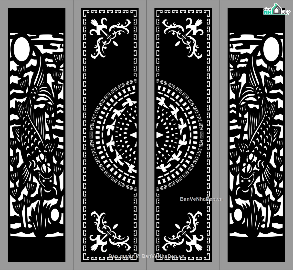 cổng đẹp 4 cánh cá chép,cổng cá chép CNC,file cnc cổng 4 cánh cá chép