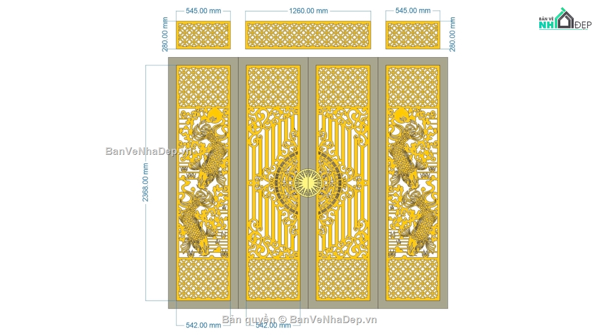 cổng 4 cánh,file cnc cổng 4 cánh cá chép,mẫu cổng 4 cánh cá chép