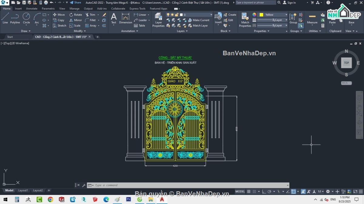 Cổng Sắt Cổ Điển,Cửa Cổng 2 Cánh,file cad cổng sắt mỹ thuật,revit cổng sắt nghệ thuật,thiết kế cổng sắt,mẫu cổng sắt