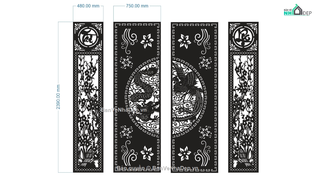 Cổng cnc tài lộc 4 cánh,rồng phượng,File cnc cổng rồng phượng
