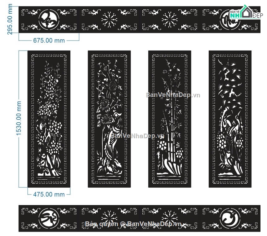 Cổng 4 cánh tứ quý ô thoáng,file dxf cổng 4 cánh tứ quý,cổng 4 cánh tứ quý dxf