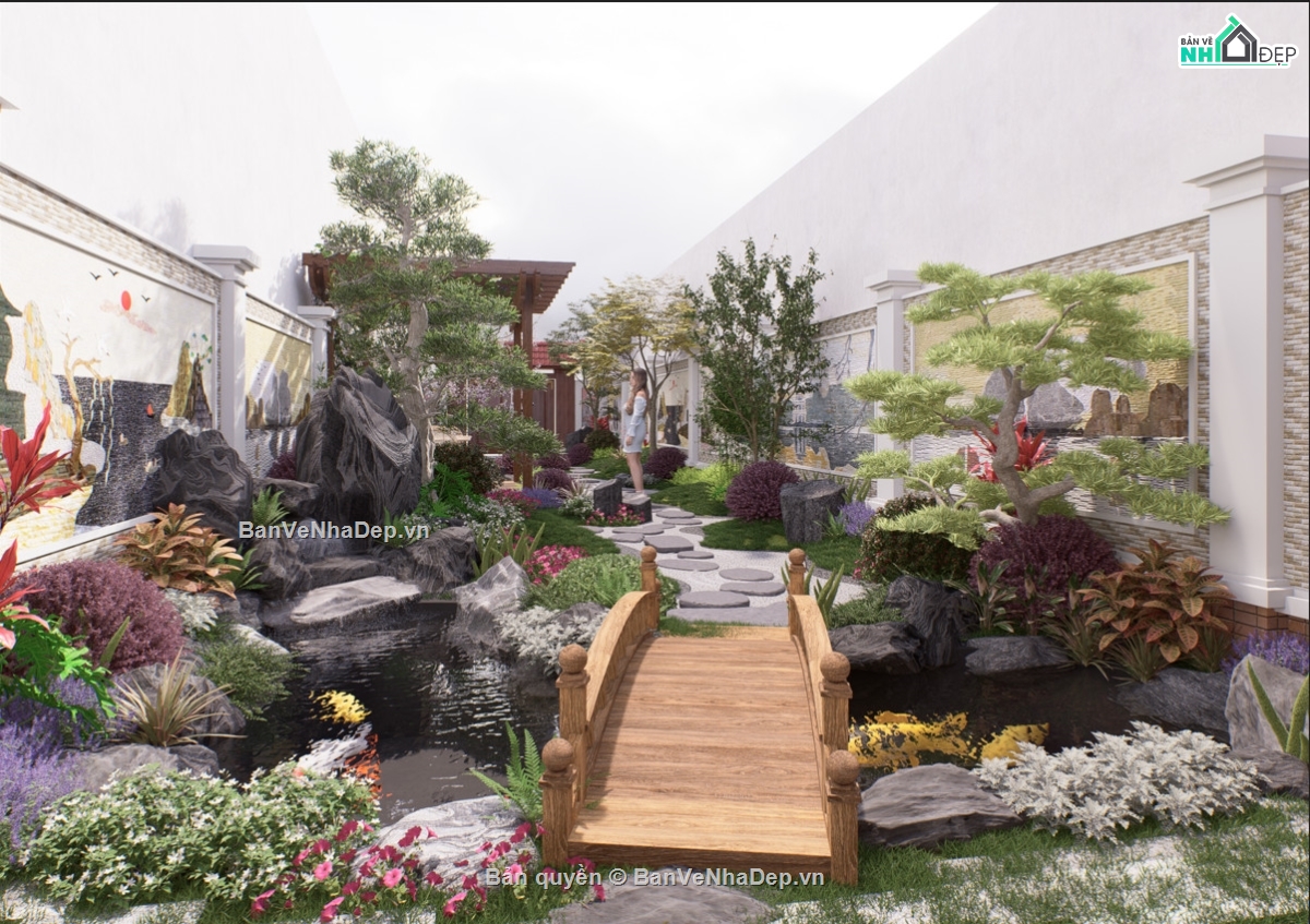 Model 3D Tiểu cảnh,3D hồ cá koi,3D sân vườn,3D cảnh quan,model su tiểu cảnh sân vườn