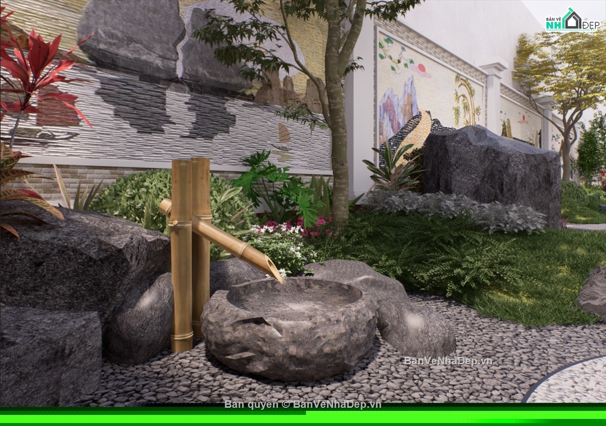 Model 3D Tiểu cảnh,3D hồ cá koi,3D sân vườn,3D cảnh quan,model su tiểu cảnh sân vườn