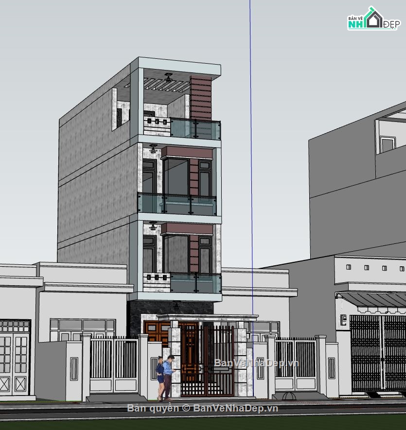 nhà phố sketchup,nhà phố 4 tầng,model sketchup nhà phố 4 tầng