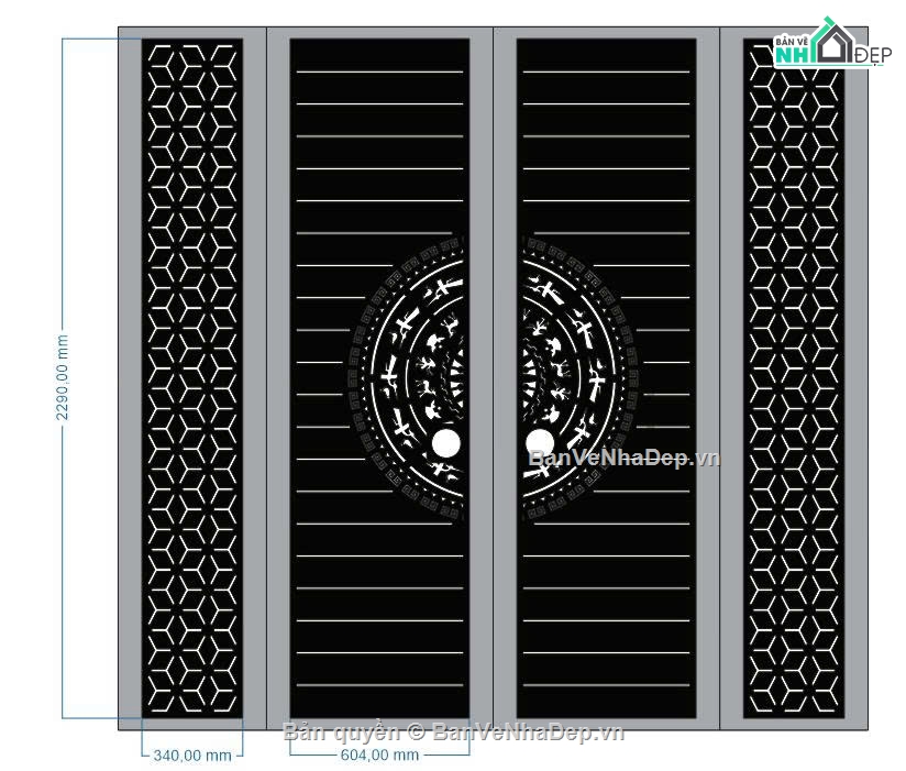 Cổng 2 cánh trống đồng,Cổng 2 cánh,file dxf cổng 2 cánh