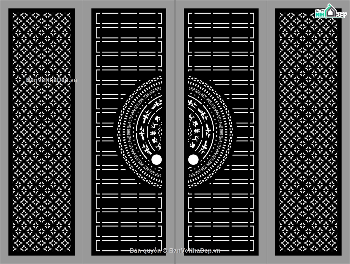 Cổng 4 cánh,Cổng 4 cánh trống đồng,file dxf cổng 4 cánh