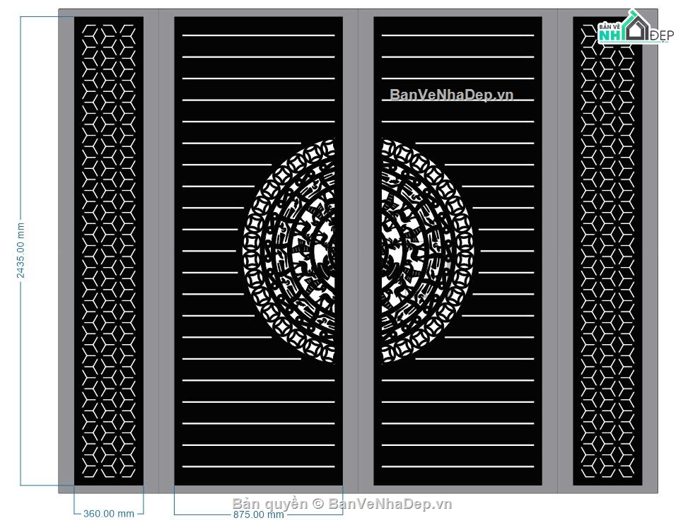 Cổng trống đồng bông tuyết,cổng trống đồng,cổng 4 cánh,Cổng trống đồng file dxf