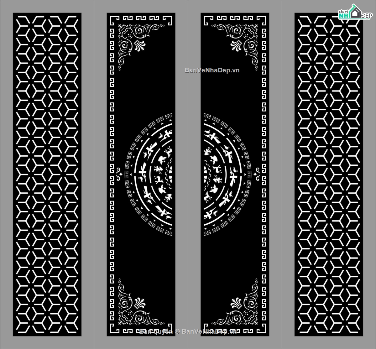 Cổng 4 cánh trống đồng,cổng 4 cánh,file dxf cổng 4 cánh