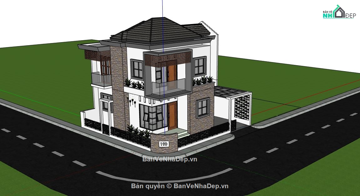 biệt thự 2 tầng,biệt thự sketchup,biệt thự góc đẹp