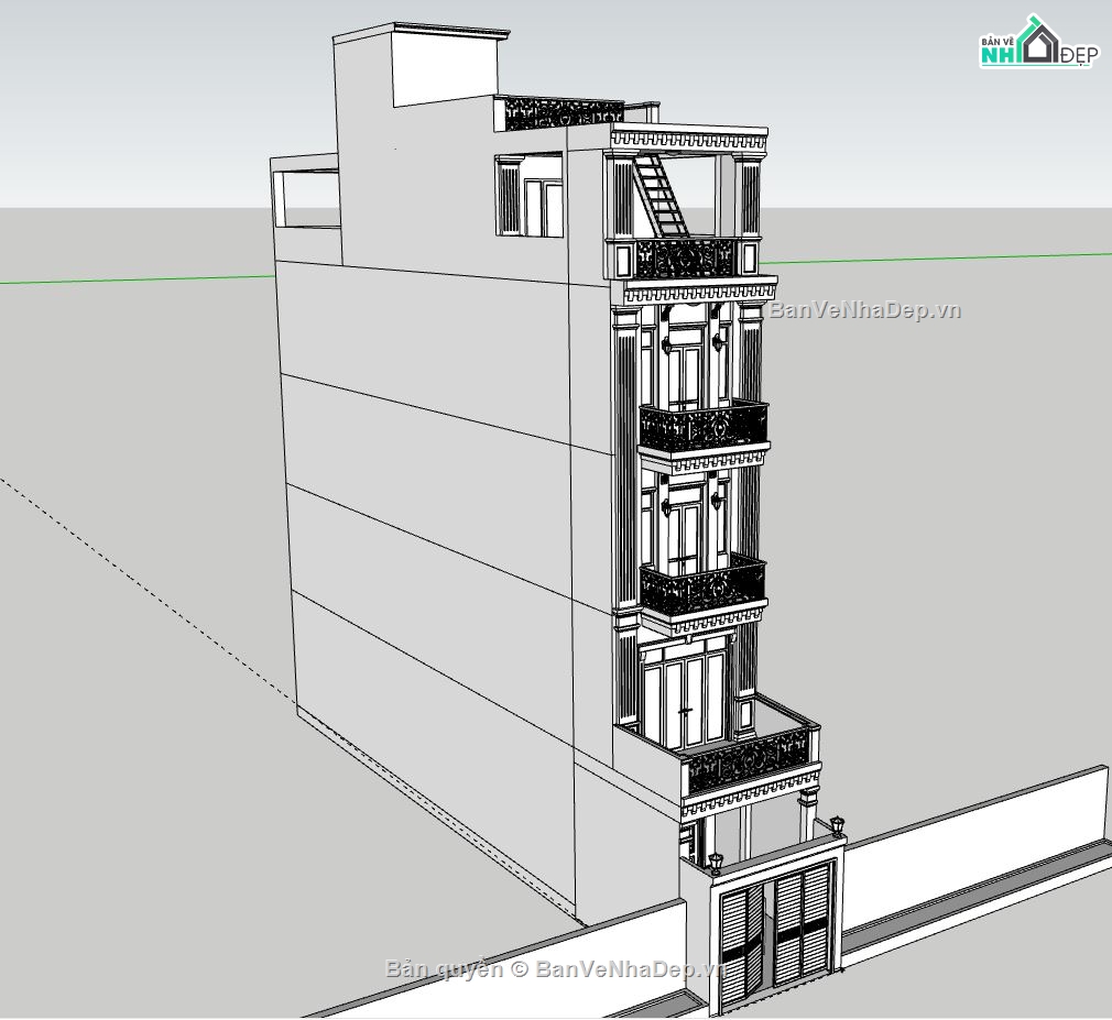 Nhà phố 5 tầng 3.2x23m,Model su nhà phố 5 tầng,File sketchup nhà phố 5 tầng,Nhà phố 5 tầng file sketchup