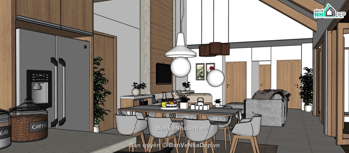 sketchup phòng khách hiện đại,model su khách bếp hiện đại,thiết kế khách bếp su