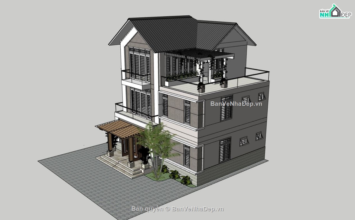 biệt thự 3 tầng,sketchup biệt thự,biệt thự hiện đại