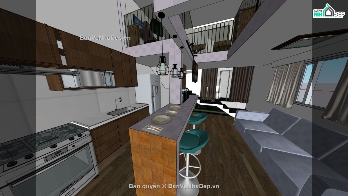 phòng bếp,phòng bếp căn hộ,model sketchup phòng bếp,sketchup nội thất phòng bếp
