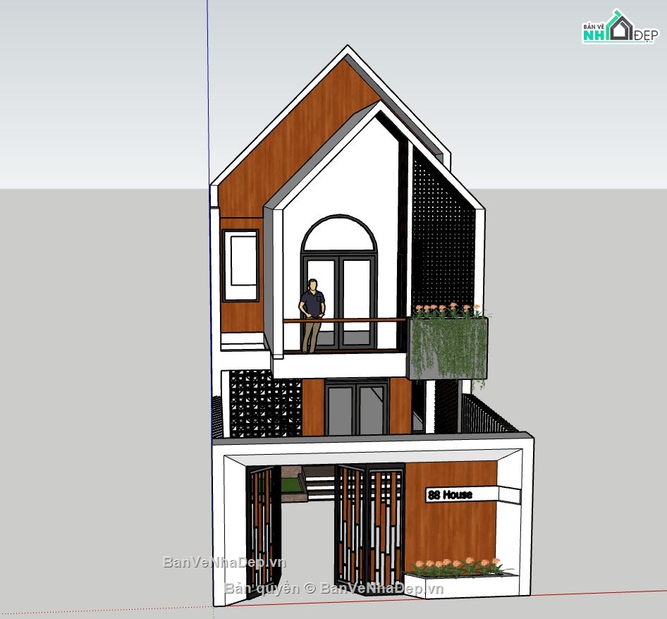 nhà phố 3 tầng,file sketchup nhà phố,phối cảnh nhà phố,nhà phố hiện đại