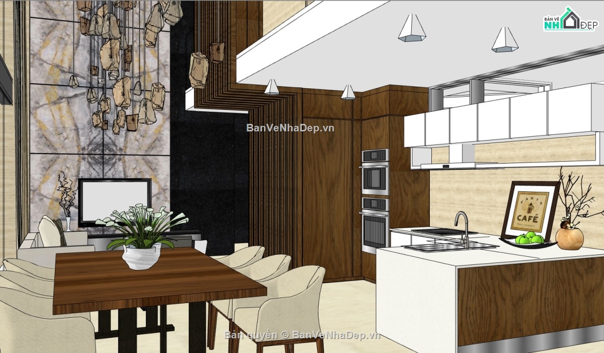 sketchup nội thất phòng bếp,sketchup nội thất,thiết kế phòng ăn,su thiết kế nội thất phòng bếp