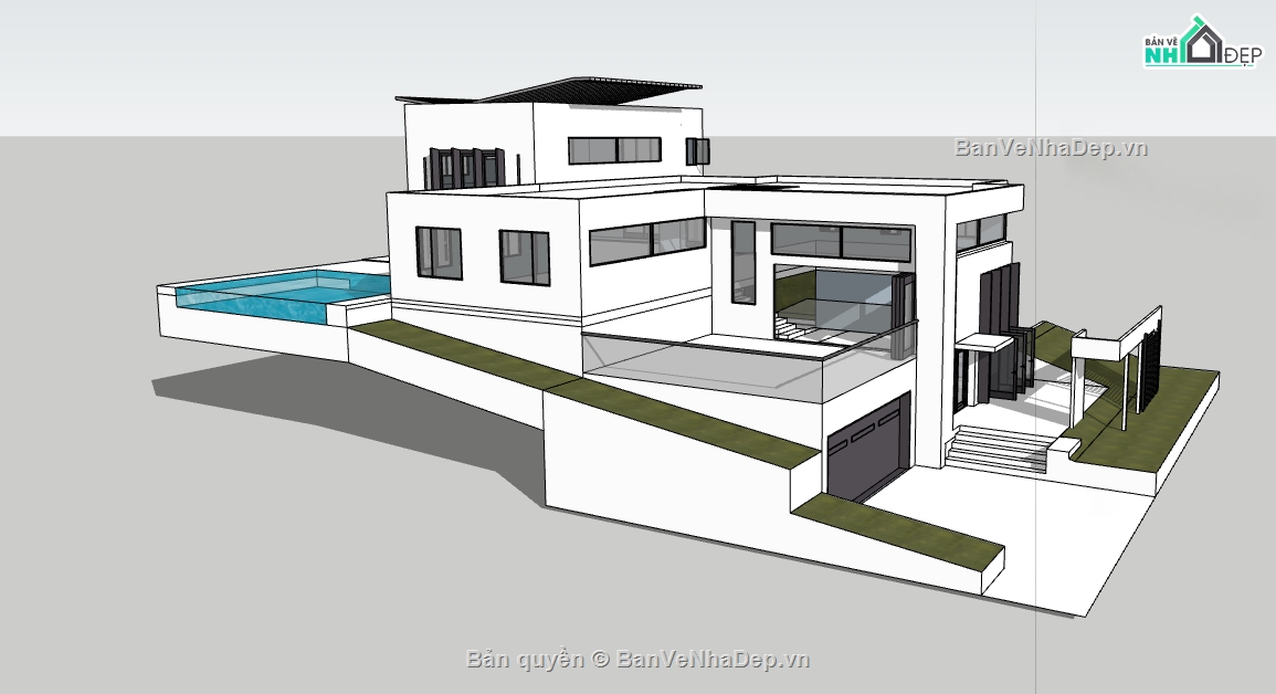 dựng sketchup khu nhà biệt thự,thiết kế 3d biệt thự hiện đại,biệt thự 3 tầng file sketchup