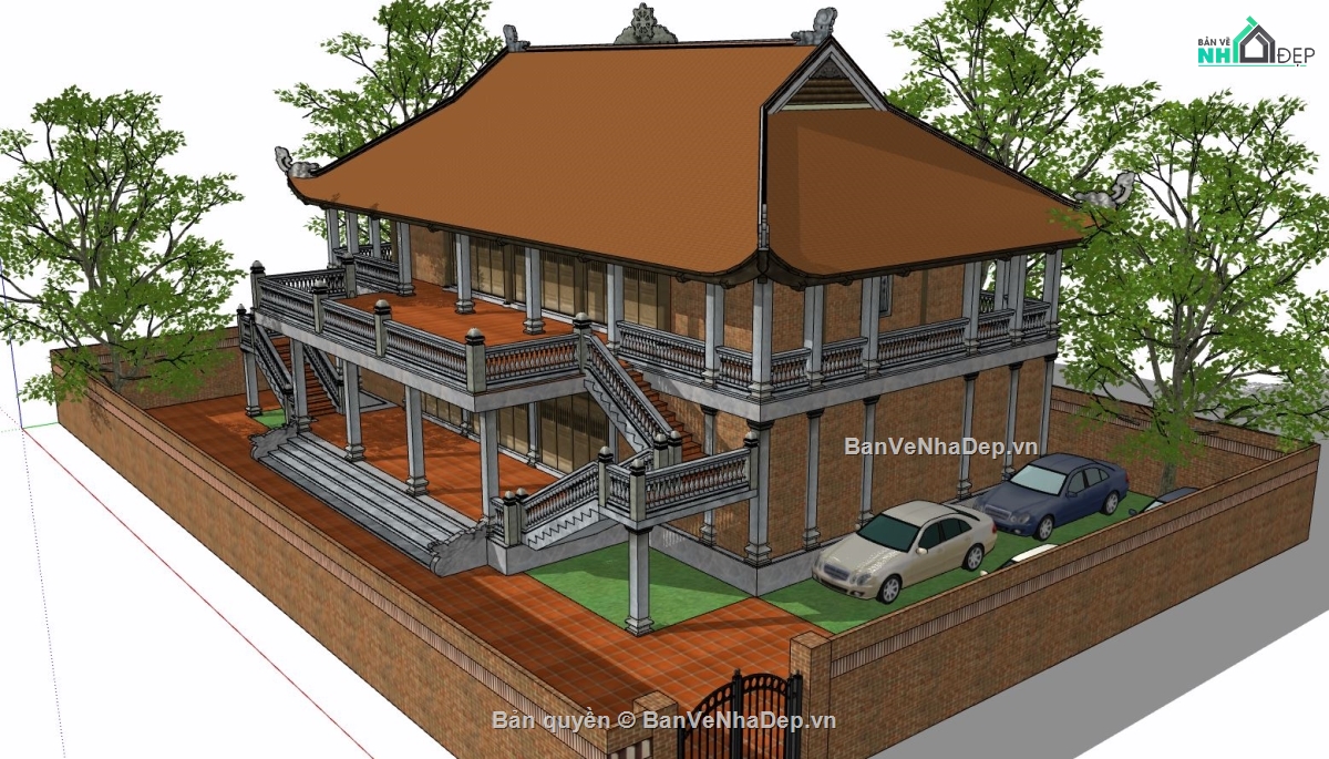 bao cảnh 3d su ngôi chùa,thiết kế chùa 2 mái,file sketchup chùa 2 tầng