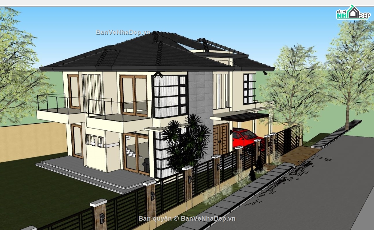 su biệt thự 2 tầng,file sketchup biệt thự 2 tầng,biệt thự 2 tầng sketchup